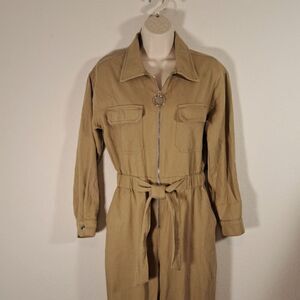 Sans Souci Utility NWT Jumpsuit Small Khaki Zip Front Jogger Elastic Belt Waist